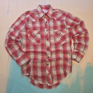 VTG Wrangler‎ L Plaid Western Pearl Snap Shirt Red 14.5 33 Poly Cotton USA 1970s